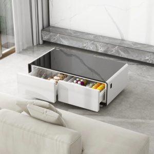 Modern Wood Nightstand Wireless Charging LED USB Drawer