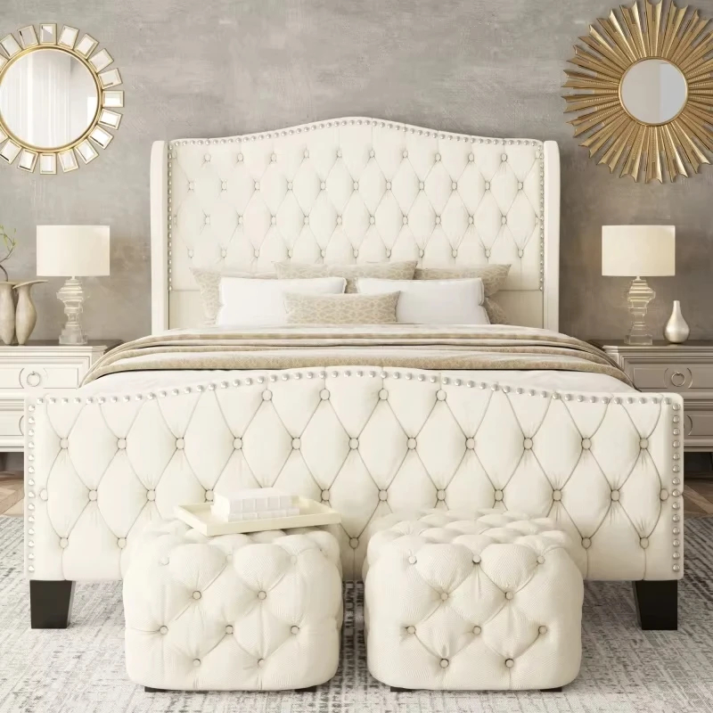Luxury Velvet Platform Bed Frame with Tall Tufted Headboard