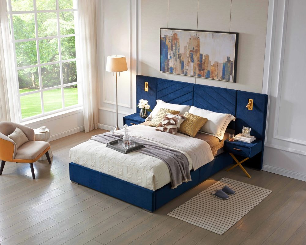 Luxury Velvet Wingback Bed Frame with Vertical Tufted Headboard