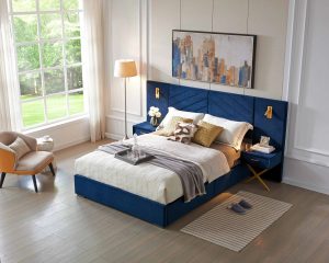 Luxury Velvet Wingback Bed Frame with Vertical Tufted Headboard