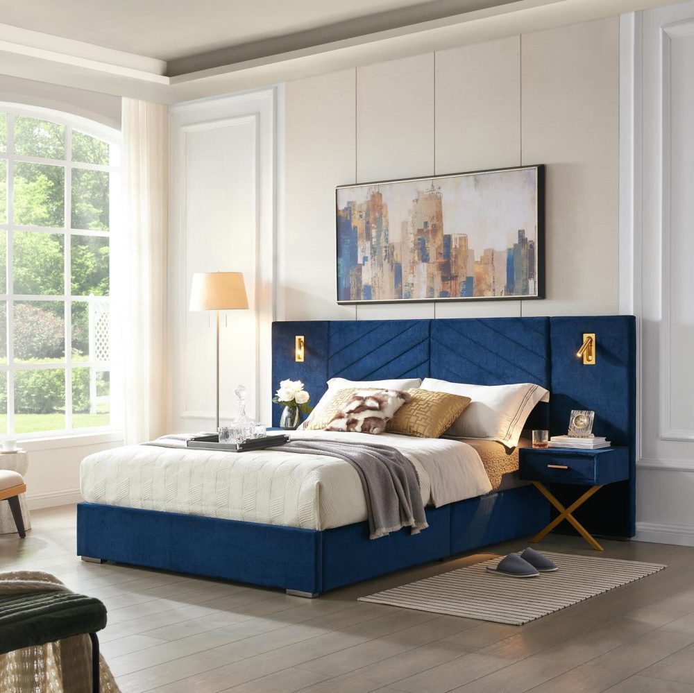 Luxury Velvet Wingback Bed Frame with Vertical Tufted Headboard